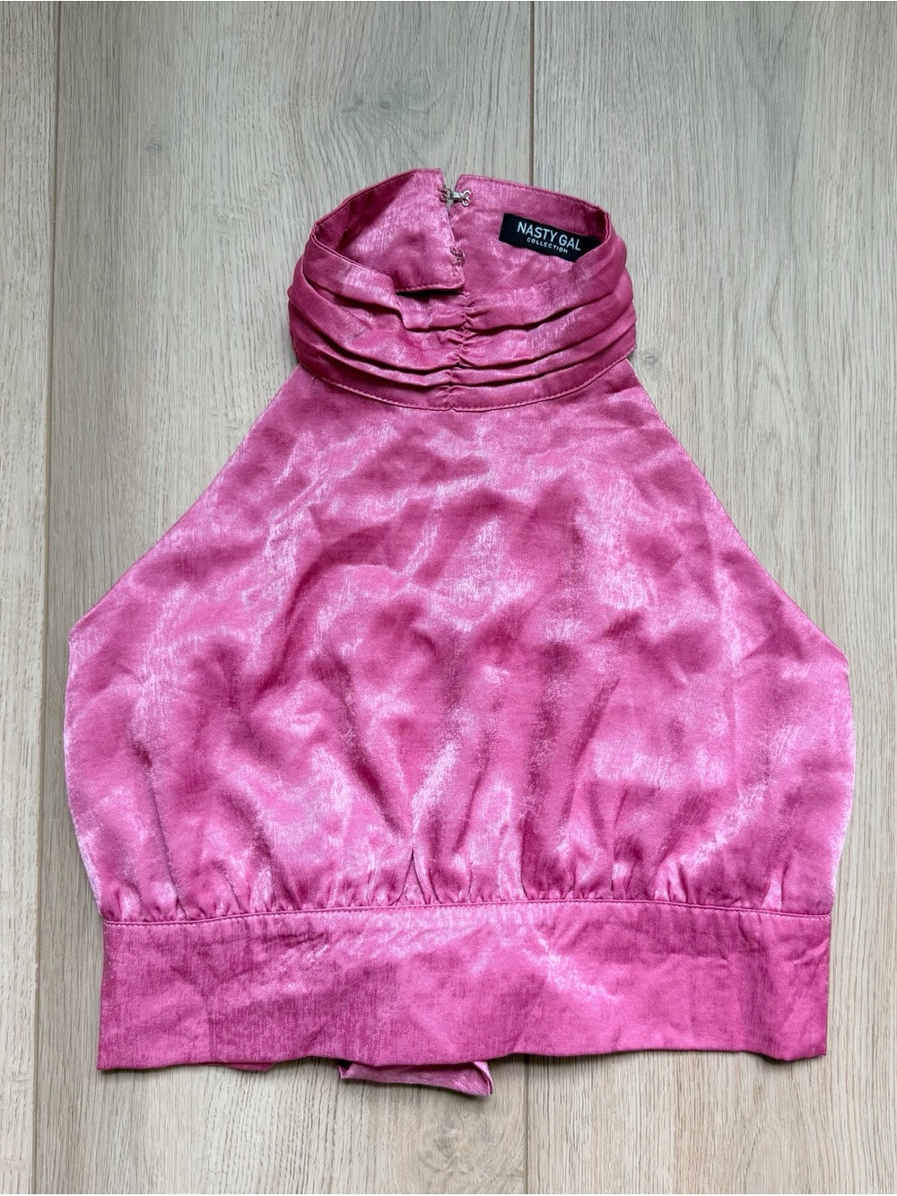 Nasty Gal Pink Satin High-Neck Halter Crop Top